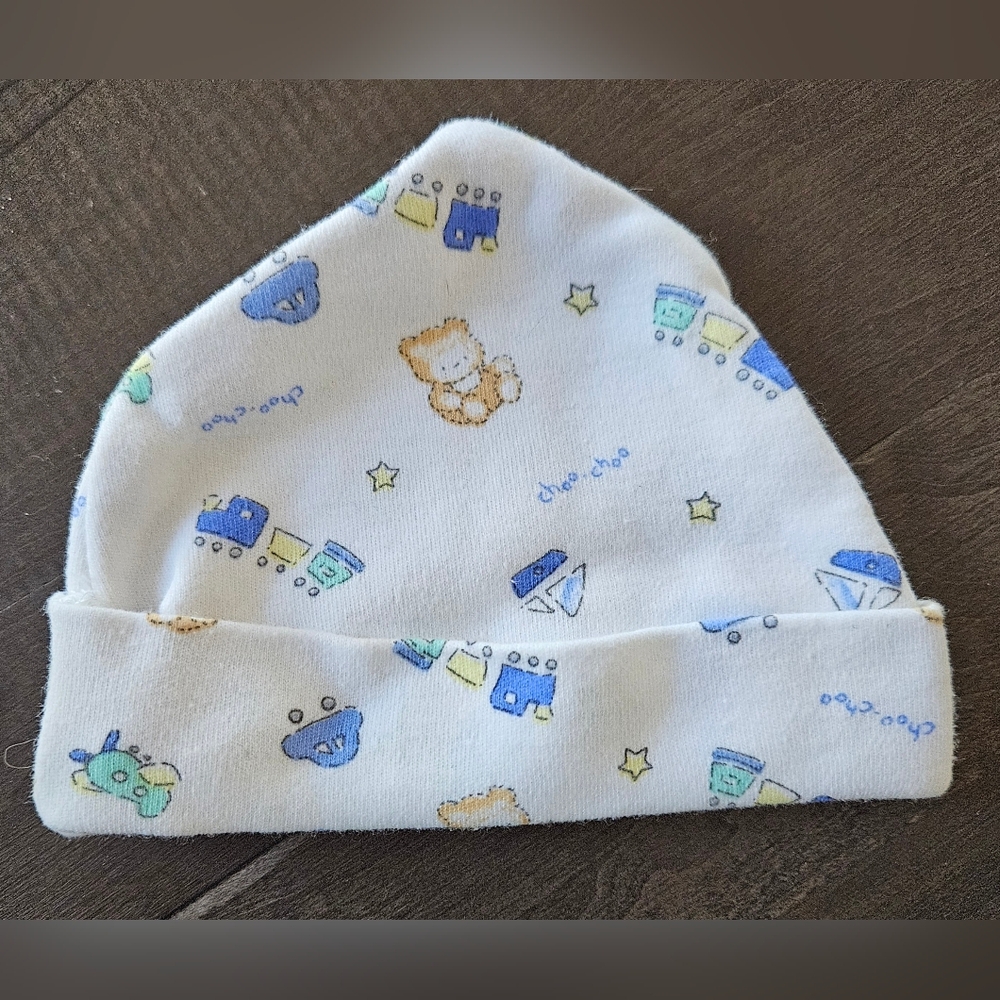 Miniwear Preemie 100% Cotton Cap/Hat Trains Boats Bears
